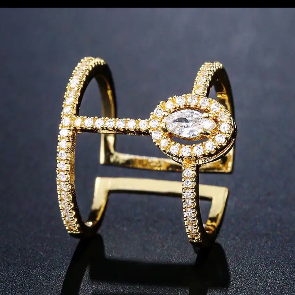 Gold Crystal Open Cuff Ring with Marquise Accent